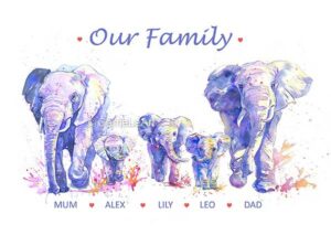 Personalized Elephant Family Watercolor Art Gift Idea